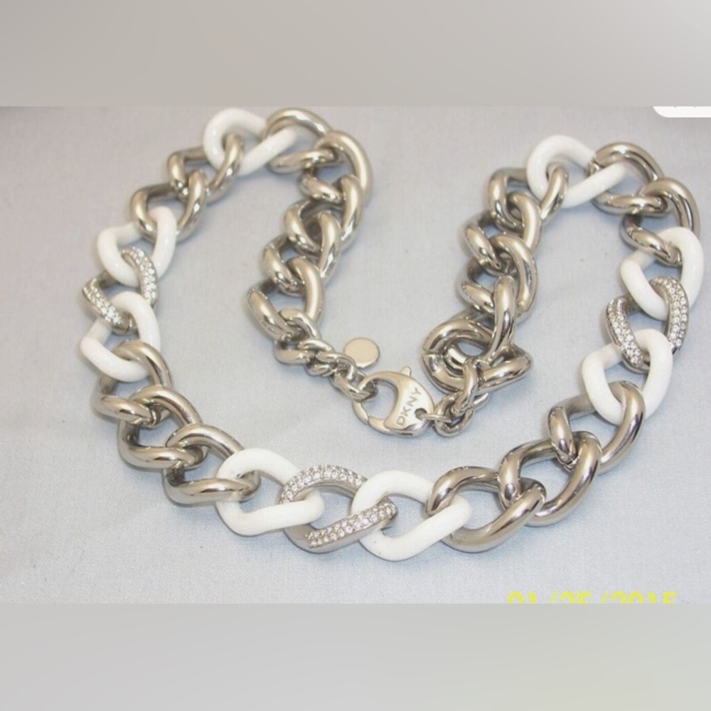 DKNY Donna Karon Heavy Steel Chain Link White Enamel & Swarovski Crystal Choker